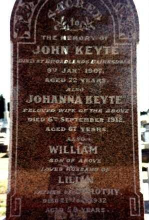The gravestone of John and Johanna Keyte in the Bairnsdale cemetery.